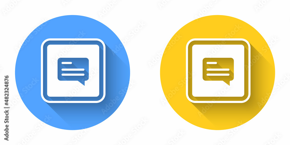 White Video with subtitles icon isolated with long shadow background. Circle button. Vector White Video with subtitles icon isolated with long shadow background. Circle button. Vector
