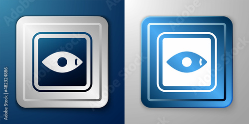 White Film or movie cinematography rating or review icon isolated on blue and grey background. Silver and blue square button. Vector