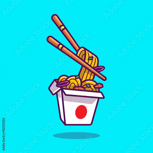 Ramen Noodles With Chopstick Cartoon Vector Icon Illustration. Noodle Food Icon Concept Isolated Premium Vector. Flat Cartoon Style