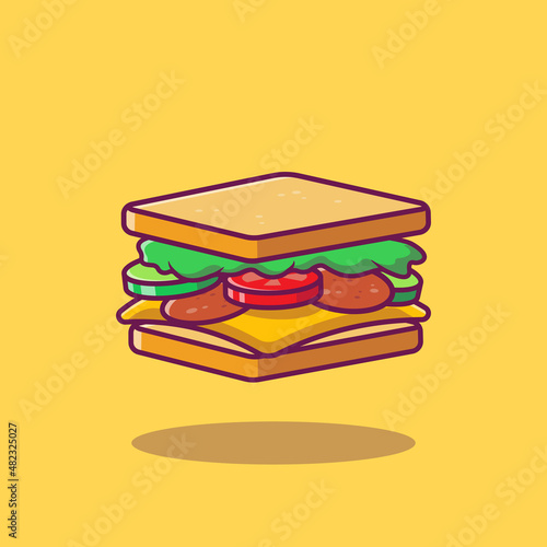 Sandwich Cartoon Vector Icon Illustration. Breakfast Food Icon Concept Isolated Premium Vector. Flat Cartoon Style