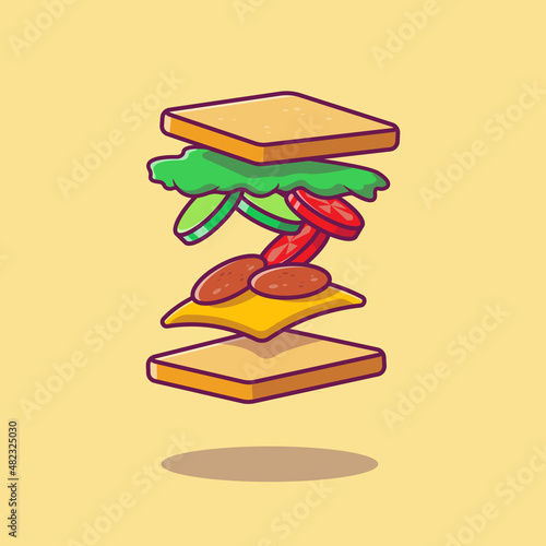 Flying Sandwich Ingredient Cartoon Vector Icon Illustration. Breakfast Food Icon Concept Isolated Premium Vector. Flat Cartoon Style
