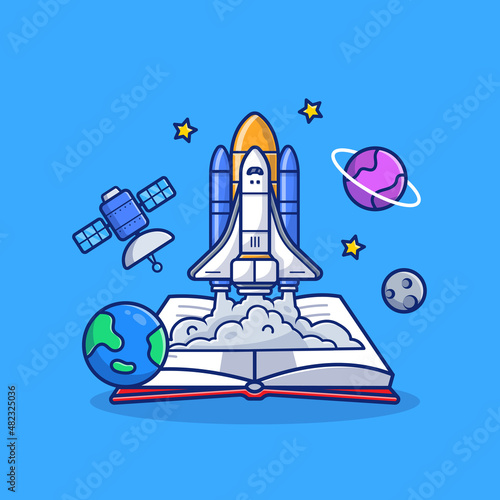 Space Shuttle With Book, Satellite And Planets Cartoon Vector Icon Illustration. Education Space Icon Concept Isolated Premium Vector. Flat Cartoon Style
