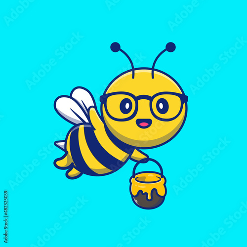 Cute Bee Holding Jar of Honey Cartoon Vector Icon Illustration. Animal Nature Icon Concept Isolated Premium Vector. Flat Cartoon Style