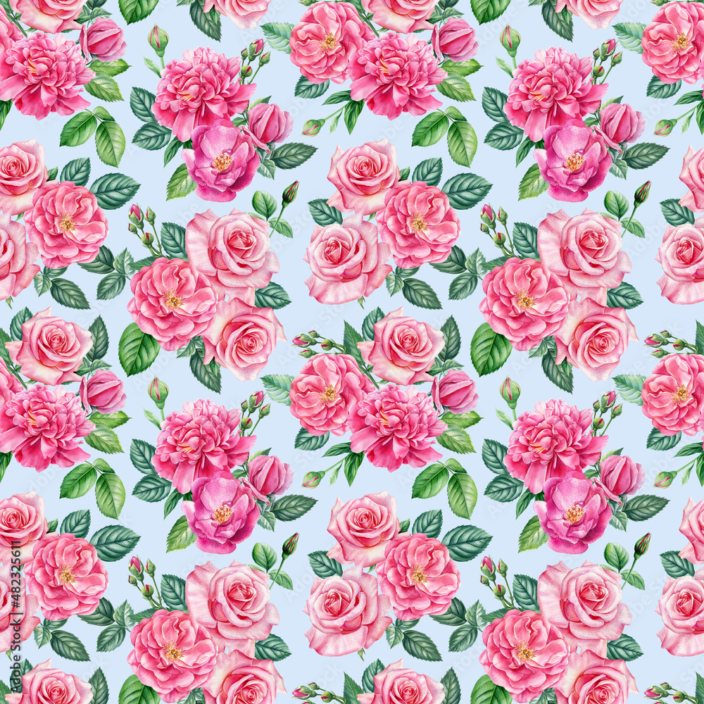 Watercolor Seamless pattern flowers roses. Floral design 