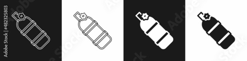 Set Aqualung icon isolated on black and white background. Oxygen tank for diver. Diving equipment. Extreme sport. Diving underwater equipment. Vector