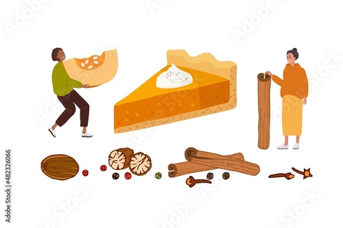 Pumpkin pie with spices. Tiny women cooking pastries. Pie piece isolated on white background. Healthy Vegetable eating. Flat design for menu, cafe, restaurant, farmers market, vegetarian recipe