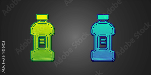 Green and blue Plastic bottle for laundry detergent, bleach, dishwashing liquid or another cleaning agent icon isolated on black background. Vector