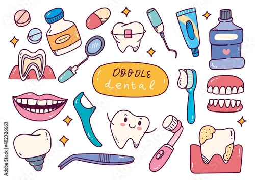 Set of Hand Drawn Kawaii Dental. Doodles Vector Illustration