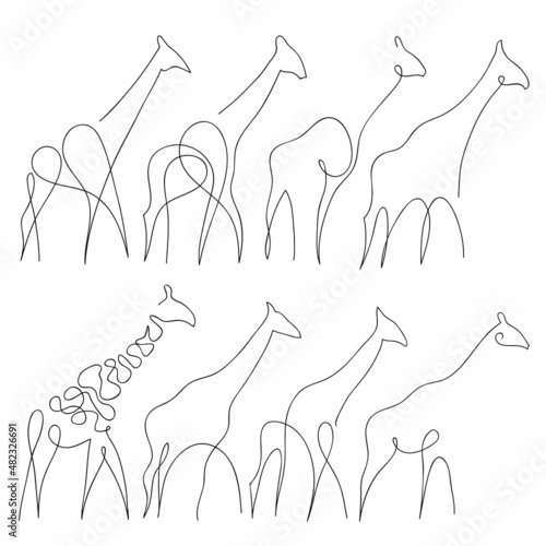 One line giraffe design silhouette set. Hand drawn minimalism style vector illustration