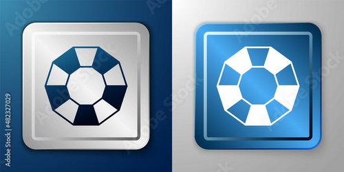 White Diamond icon isolated on blue and grey background. Jewelry symbol. Gem stone. Silver and blue square button. Vector