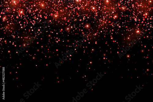 Red glitter holiday confetti with glow lights on black background. Vector
