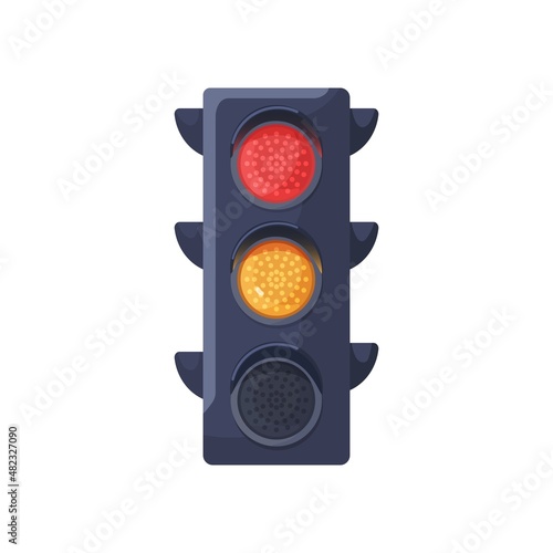 Red and yellow signals of traffic light. Semaphore with stop and warning signs. Stoplights led lamps for crossroads security and regulation. Flat vector illustration isolated on white background