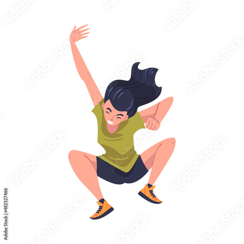 Jumping Woman Character Feeling Freedom and Motion Flying in Mid Air Vector Illustration