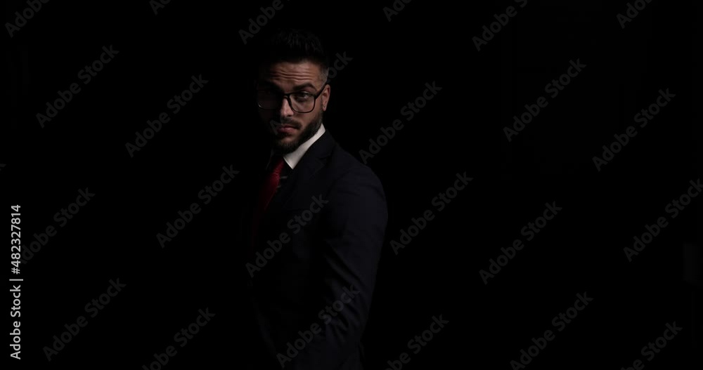 rear view of a businessman turning around, fixing his hair, arranging his suit and fading into the dark rear view of a businessman turning around, fixing his hair, arranging his suit and fading into the dark