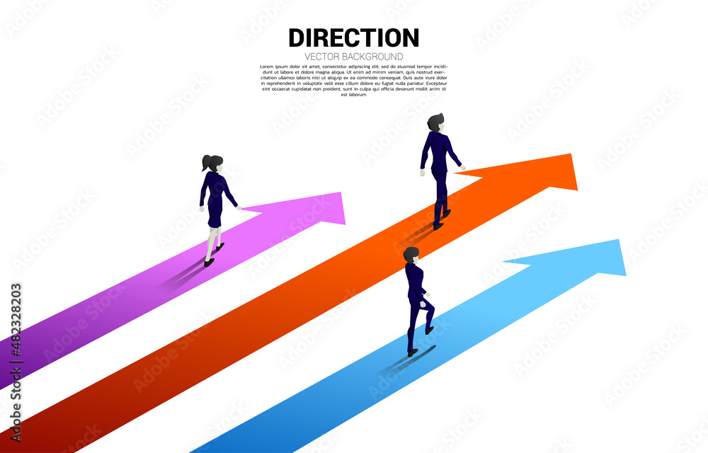 Silhouette of businessman and businesswoman walking on forward arrow. Concept of career path and start business