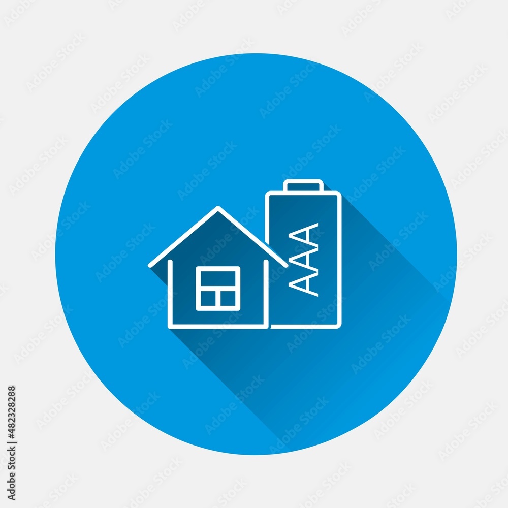 Eco house and battery icon on white isolated background on blue background. Flat image with long shadow. Eco house and battery icon on white isolated background on blue background. Flat image with long shadow.