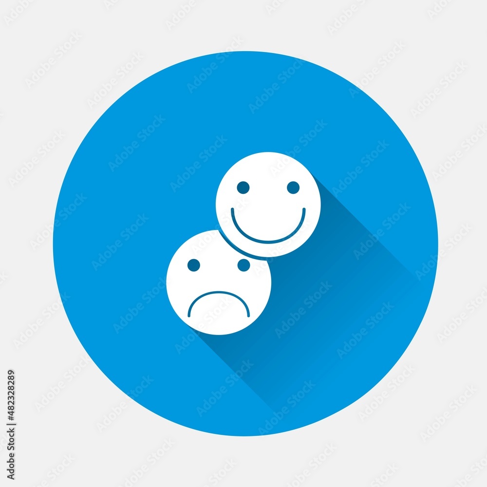 Vector phone icon with positive and negative emoticon on blue background. Flat image with long shadow. Layers grouped for easy editing illustration. For your design.
