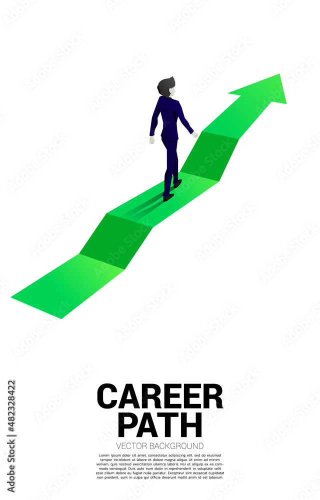 Silhouette of businessman walking on step up arrow. Concept of career path and start business Silhouette of businessman walking on step up arrow. Concept of career path and start business