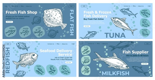 Fish shop, seafood delivery business web page set