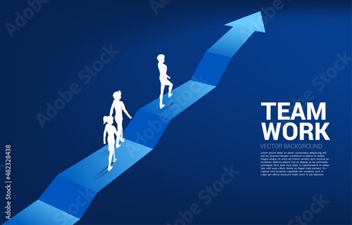 Silhouette of businessman and businesswoman walking on step up arrow. Concept of career path and start business