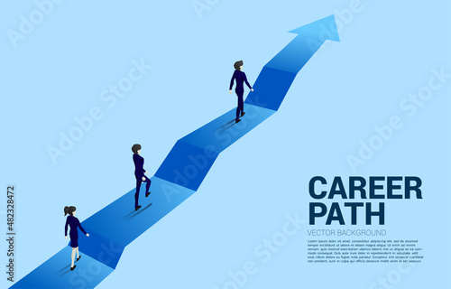 Silhouette of businessman and businesswoman walking on step up arrow. Concept of career path and start business