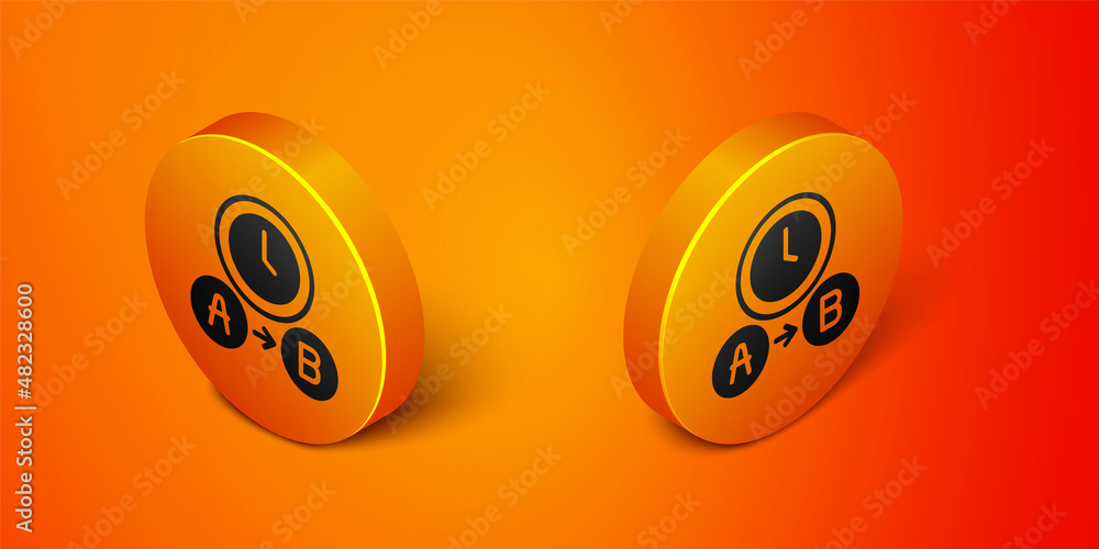 Isometric Taxi waiting time icon isolated on orange background. Car deadline, schedule ride. Orange circle button. Vector Isometric Taxi waiting time icon isolated on orange background. Car deadline, schedule ride. Orange circle button. Vector