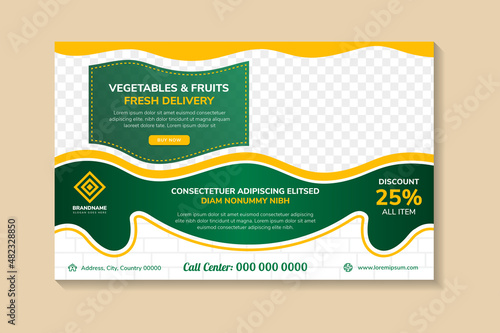 vegetables and fruits fresh delivery banner design template use horizontal layout. white background with yellow and green gradient on element. rectangle shape for space of photo collage. brick pattern