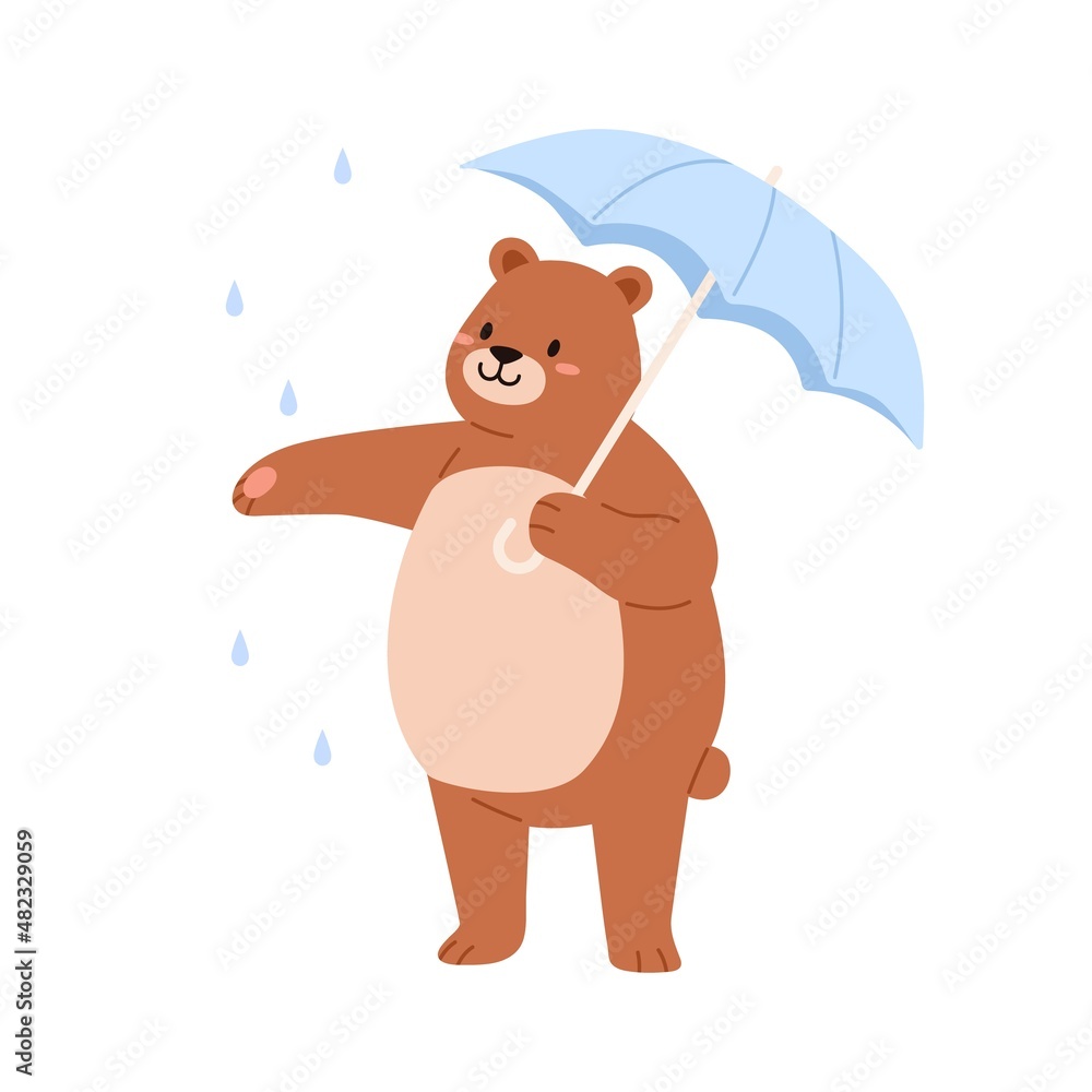 Cute bear with umbrella in rainy weather. Funny teddy character enjoying rain. Happy positive baby animal rejoicing. Childish flat vector illustration of sweet grizzly isolated on white background Cute bear with umbrella in rainy weather. Funny teddy character enjoying rain. Happy positive baby animal rejoicing. Childish flat vector illustration of sweet grizzly isolated on white background