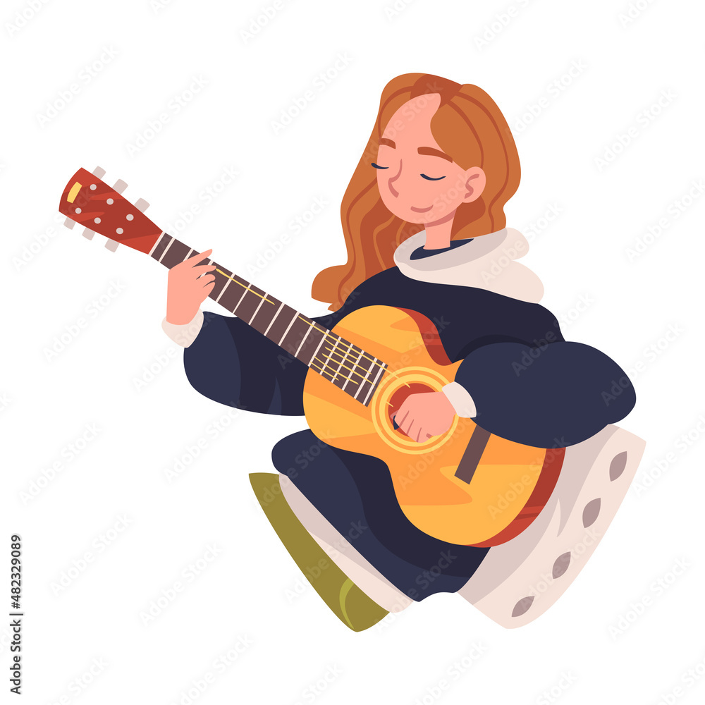 Fototapeta premium Young Woman in Self-isolation Playing Guitar Leaning on Pillow Vector Illustration