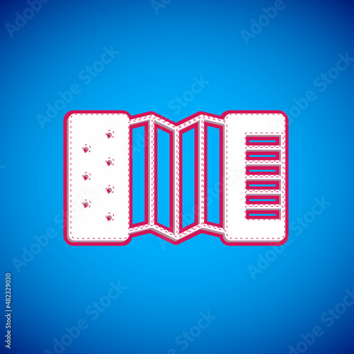 White Musical instrument accordion icon isolated on blue background. Classical bayan, harmonic. Vector