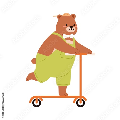 Happy cute bear riding kick scooter. Funny teddy animal rider. Amusing positive baby character having fun. Childish flat vector illustration of comic grizzly cub isolated on white background
