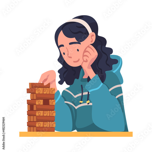 Young Woman in Self-isolation Playing Jenga Game Vector Illustration