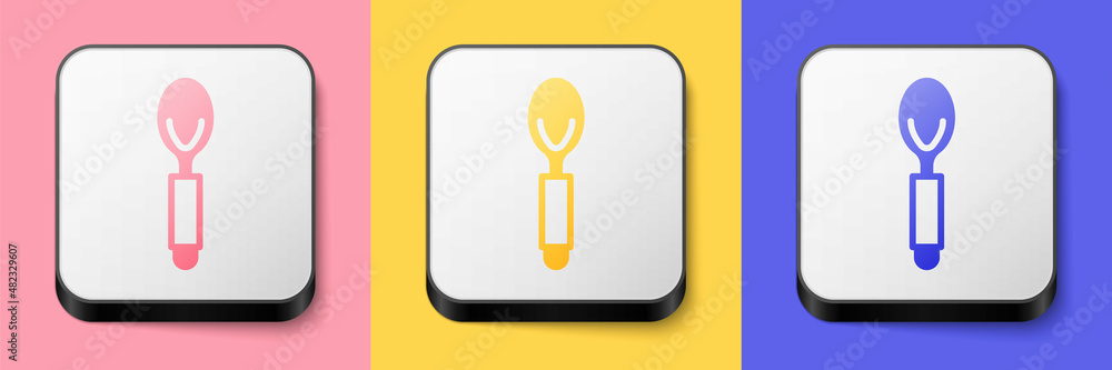 Isometric Spoon icon isolated on pink, yellow and blue background. Cooking utensil. Cutlery sign. Square button. Vector Isometric Spoon icon isolated on pink, yellow and blue background. Cooking utensil. Cutlery sign. Square button. Vector