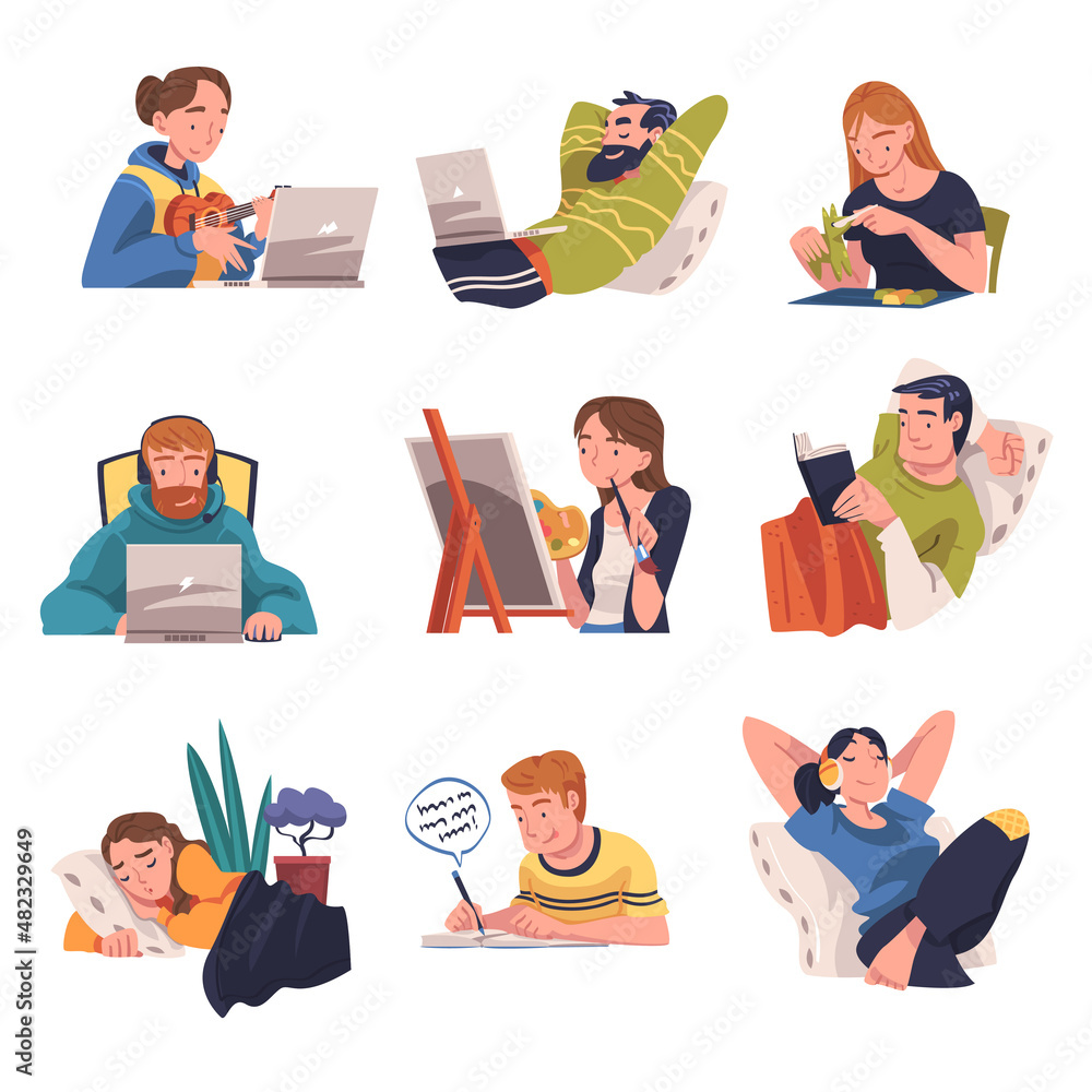 People Character in Self-isolation Playing Ukulele and Reading Book Vector Illustration Set