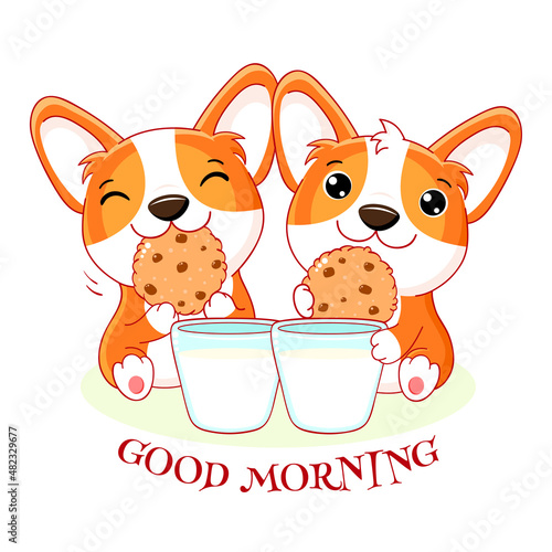 Two cute corgi puppies with cookies choco chips and milk. Inscription Good Morning. Kawaii little dogs are happy to eat cookies. Breakfast time. Friends have breakfast. Vector illustration EPS8