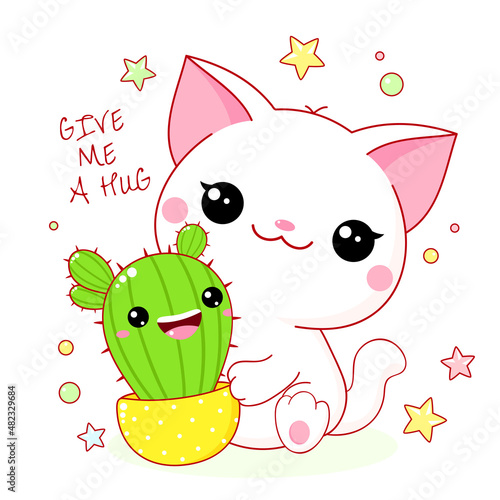 Cute card in kawaii style. Lovely little white cat with cactus. Kitty and cactus in flower pot. Inscription Give me a hug. Can be used for t-shirt print, sticker, greeting card design. Vector EPS8
