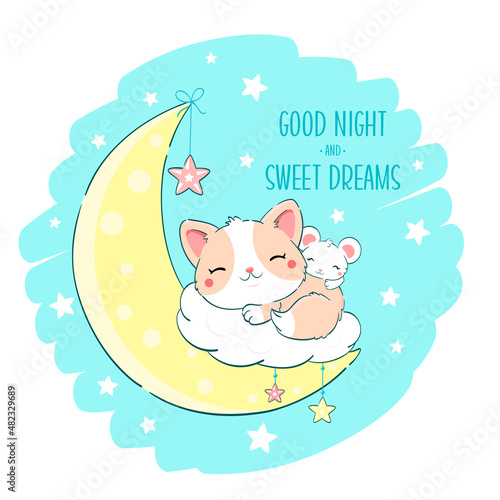 Cute baby cat and mouse Is sleeping on moon. Inscription Good night and sweet dreams. Can be used for for childish t-shirt prints, nursery poster,  baby shower greeting card. Vector illustration EPS8