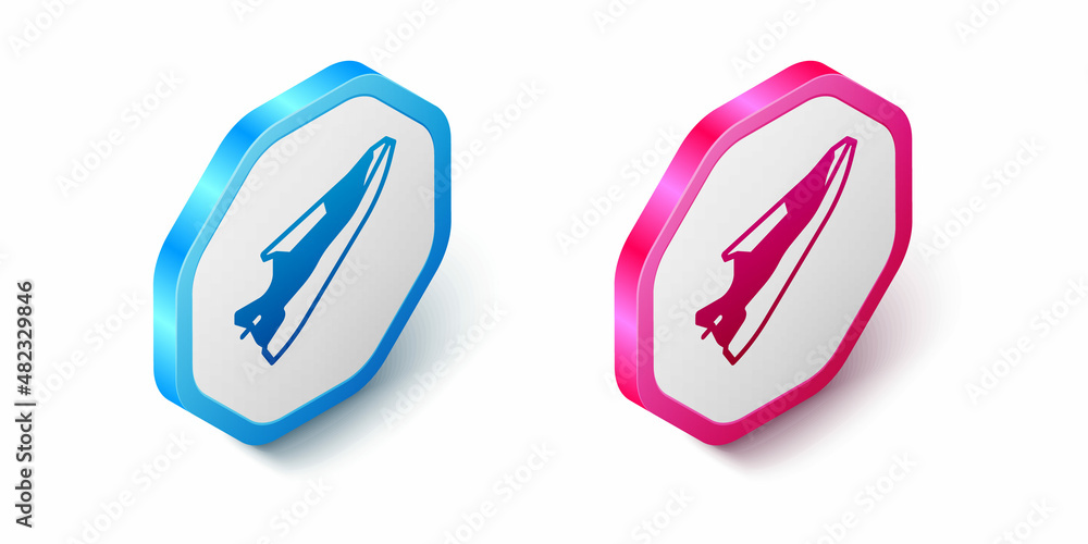 Isometric Fitness sneakers shoes for training, running icon isolated on white background. Sport shoes. Hexagon button. Vector Isometric Fitness sneakers shoes for training, running icon isolated on white background. Sport shoes. Hexagon button. Vector