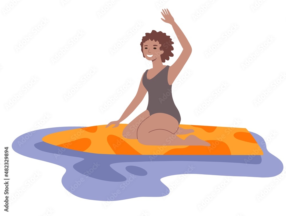Happy girl sitting on surfboard. Flat illustration isolated on white background Happy girl sitting on surfboard. Flat illustration isolated on white background
