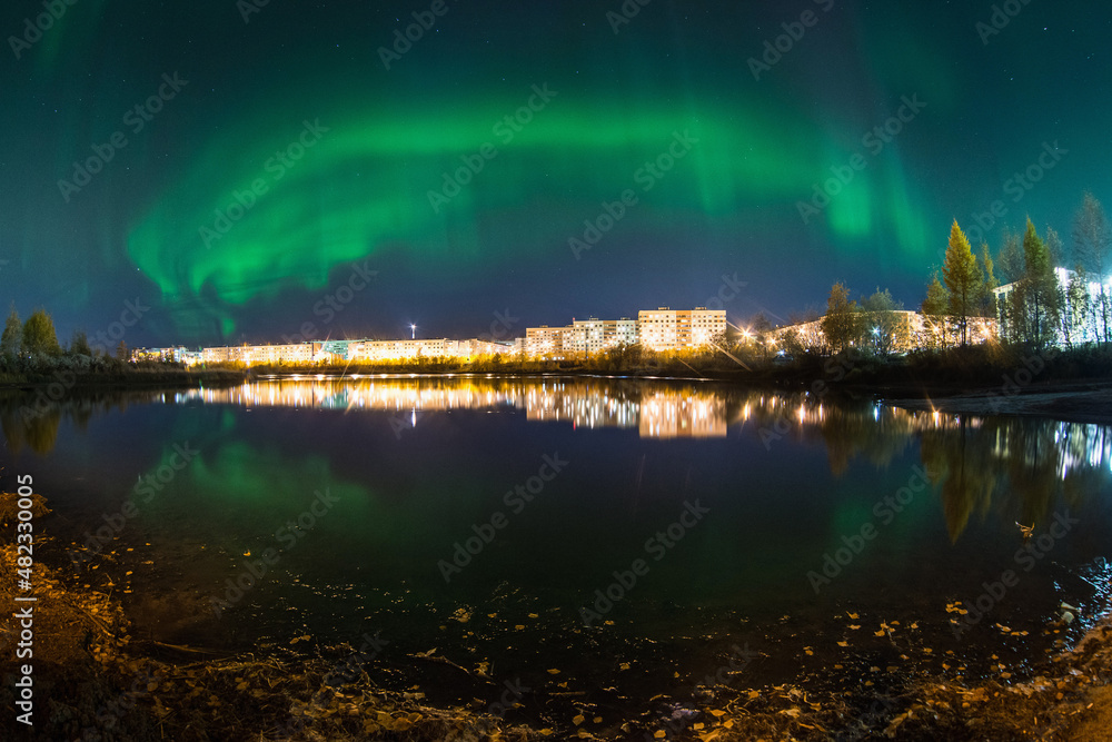 beautiful northern lights over the city