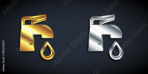 Gold and silver Water tap icon isolated on black background. Long shadow style. Vector