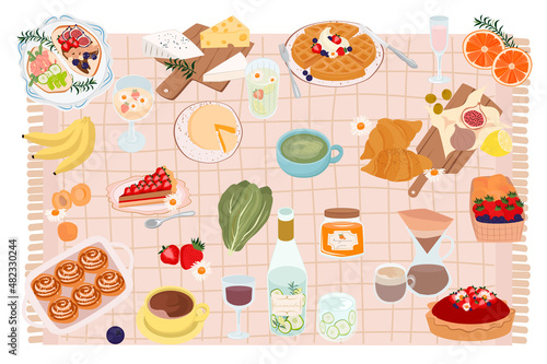 Spring picnic scene with tasty food and drinks, cheese plate, berry pie, waffles, berries and fruit, croissant, lemonade, matcha tea and coffee. Healthy and wholesome food in the fresh air. Vector.