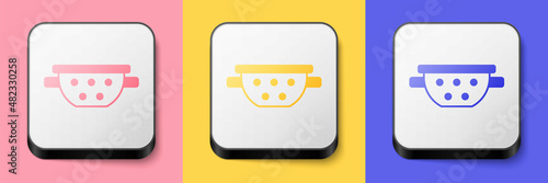 Isometric Kitchen colander icon isolated on pink, yellow and blue background. Cooking utensil. Cutlery sign. Square button. Vector