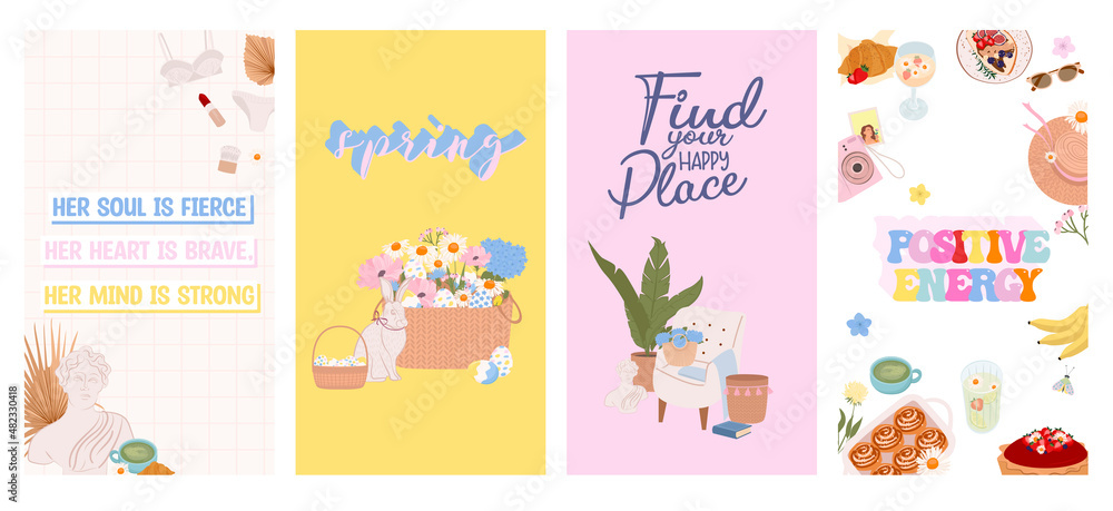 Collection of Vertical stories for Instagram, social media with Spring elements, picnic, flowers, woman things. Spring promotion marketing materials. Editable vector Illustration.