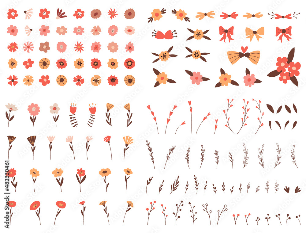 A large set of simple botanical elements. Flowers, leaves, twigs, decorative objects for design. Flat vector illustrations isolated on a white background.