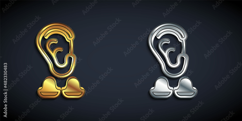 Gold and silver Earplugs and ear icon isolated on black background. Ear plug sign. Noise symbol. Sleeping quality concept. Long shadow style. Vector Gold and silver Earplugs and ear icon isolated on black background. Ear plug sign. Noise symbol. Sleeping quality concept. Long shadow style. Vector