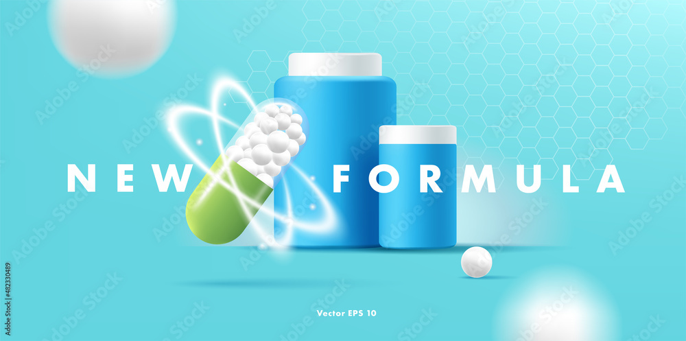 web banner with drug medicine bottles and pill, new formula promo, blue plastic bottles and background with molecules web banner with drug medicine bottles and pill, new formula promo, blue plastic bottles and background with molecules