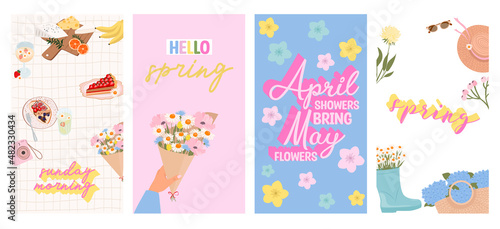 Collection of Vertical stories for Instagram, social media with Spring elements, picnic, flowers, woman things. Spring promotion marketing materials. Editable vector Illustration.