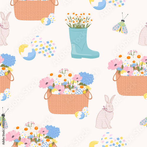 Spring seamless pattern with flowers, easter basket and bunny. Editable Vector Illustration.