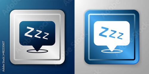 White Sleepy icon isolated on blue and grey background. Sleepy zzz talk bubble. Silver and blue square button. Vector